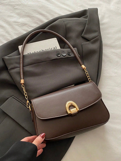 Bolsa de Ombro Fashion Shein Feminina Marrom Café Detalhe Metálico Versátil
